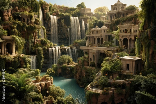 Ancient Hanging Gardens Of Babylon With Plants And Waterfalls photo