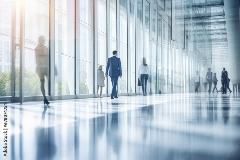 Blurred Business People In White Glass Office Background