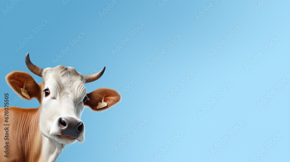 Funny cute cow isolated on blue. Talking red and white cow close up. Funny curious cow. Farm animals. Pet cow on sky background looking at the camera Funny cute cow isolated on blue. Talking red and white cow close up. Funny curious cow. Farm animals. Pet cow on sky background looking at the camera