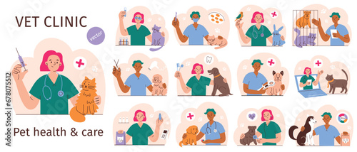 Vet clinic scenes set, hand drawn compositions with male and female veterinarians, pet health care, vector illustrations of dogs, cats, exotic animals, vaccination and grooming in veterinary hospital