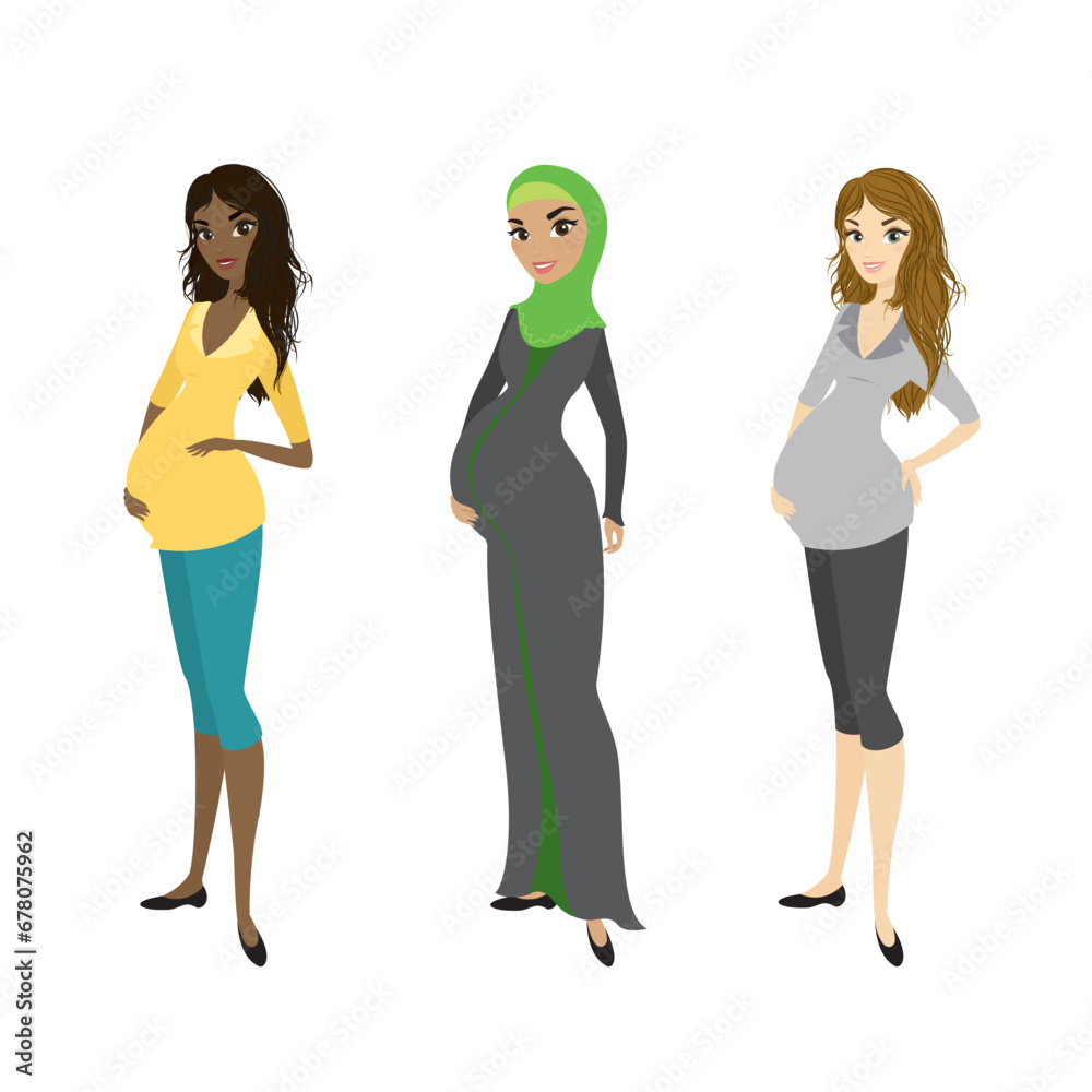 Set of different happy pregnant women. African American, Arab, Caucasian female characters. Beautiful multiethnic mothers of different nationalities. Set of different happy pregnant women. African American, Arab, Caucasian female characters. Beautiful multiethnic mothers of different nationalities.