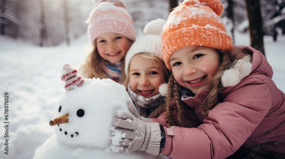 Fototapeta premium Amigos de 6 años haciendo un muñeco de nieve y pasándolo bien .Grupo de niños jugando en la nieve en invierno.