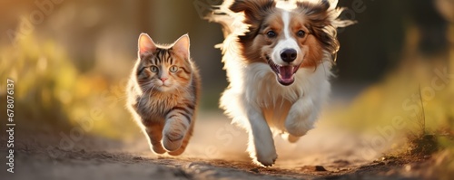 Cat And Dog Happily Running Together With Friends