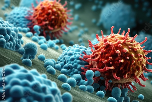 Colorful Tumor Cell Surrounded By Immune Cells Interaction