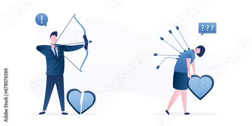 Relationship breakdown, heartbreak, cheating. An ex-husband or boyfriend is bullying a girlfriend. Angry man shoots arrows from bow into back of unfortunate woman.