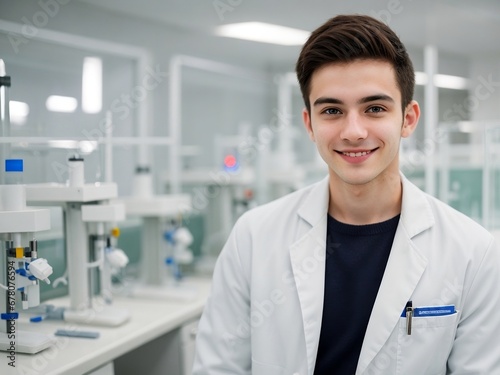 Young handsome scientist wearing a white coat confidently smiling and standing in the laboratory
