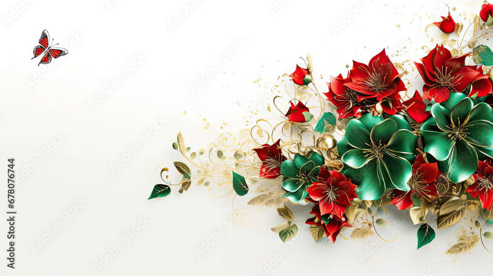 Emerald and Red Flowers, Golden Butterfly white backgroud