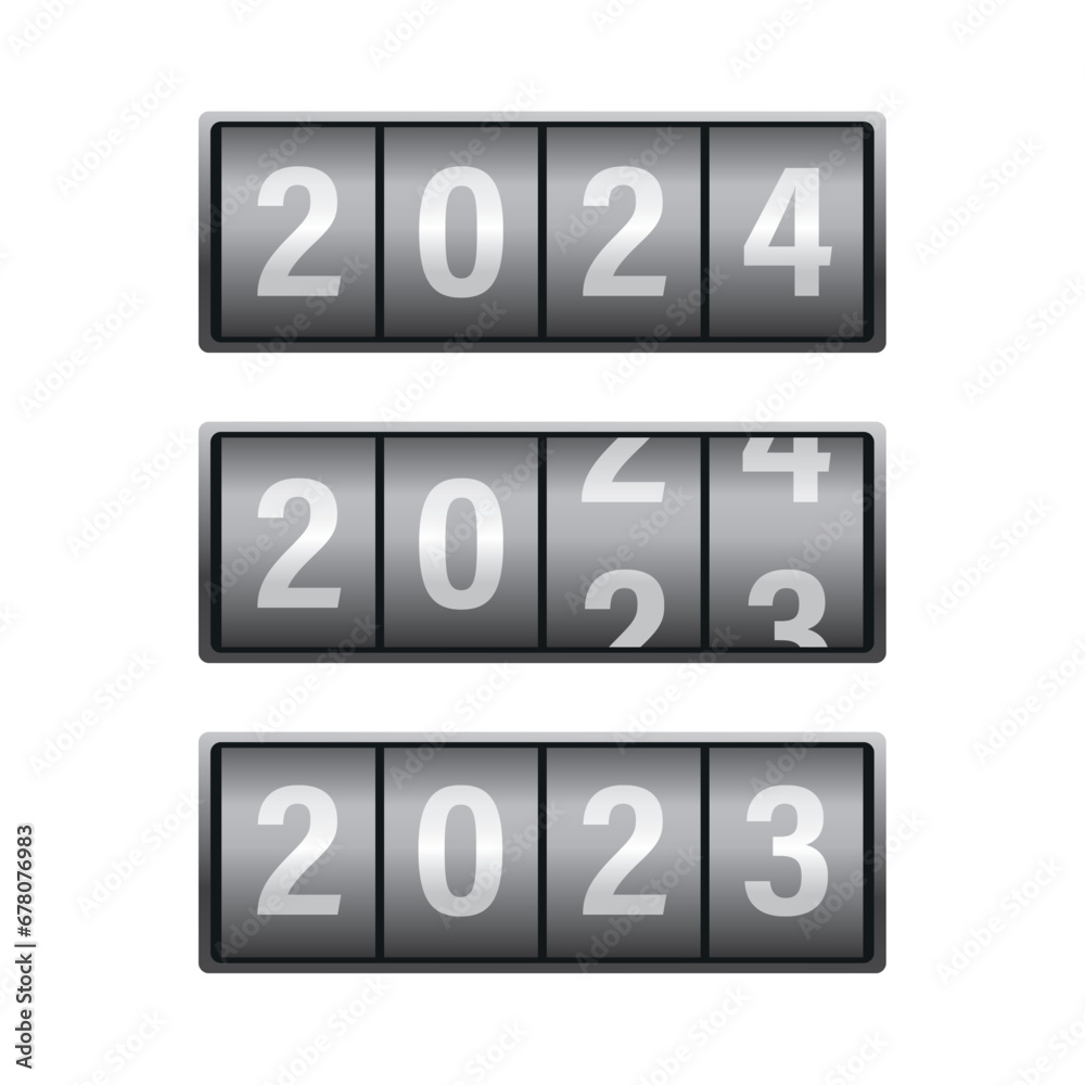 Set of calendar with years 2023, 2024. Flip board countdown timer