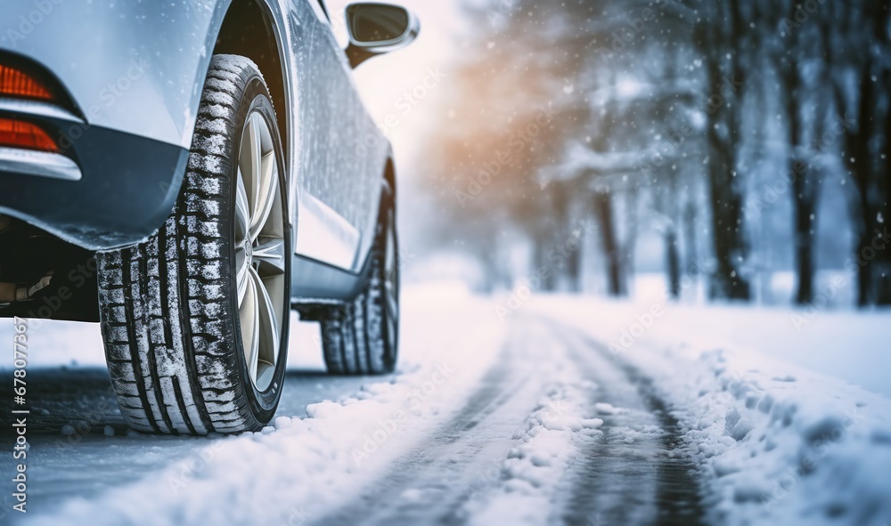 Winter car tires on a snowy road by Generative AI