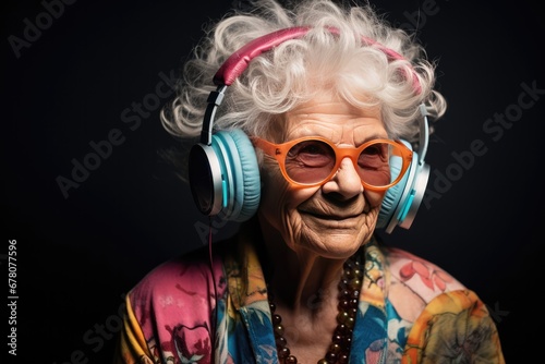 Eccentric Elderly Woman Listening To Music On Headphones
