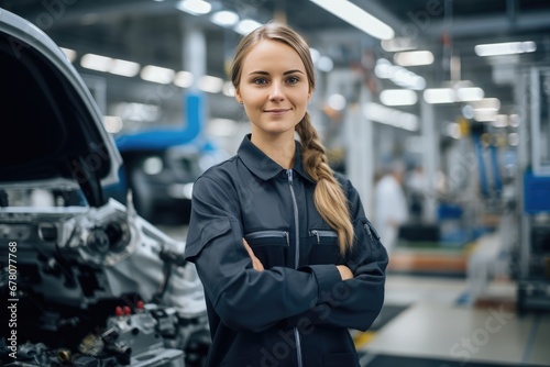 Female Engineer Worker In Automotive Factory Assembly Line