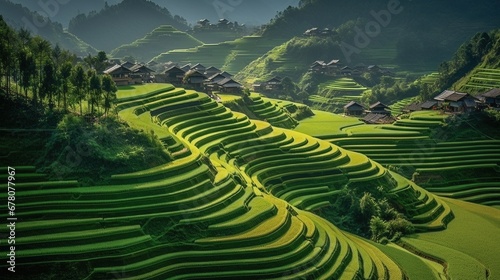 Terraced rice fields in a beautiful green valley © Raveen