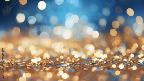 Gold & Blue Glitter Background with defocused lights. 