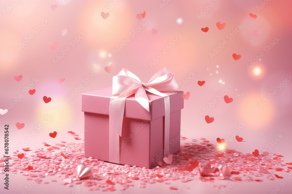 Pink present for Valentine´s Day with hearts falling. Generative AI