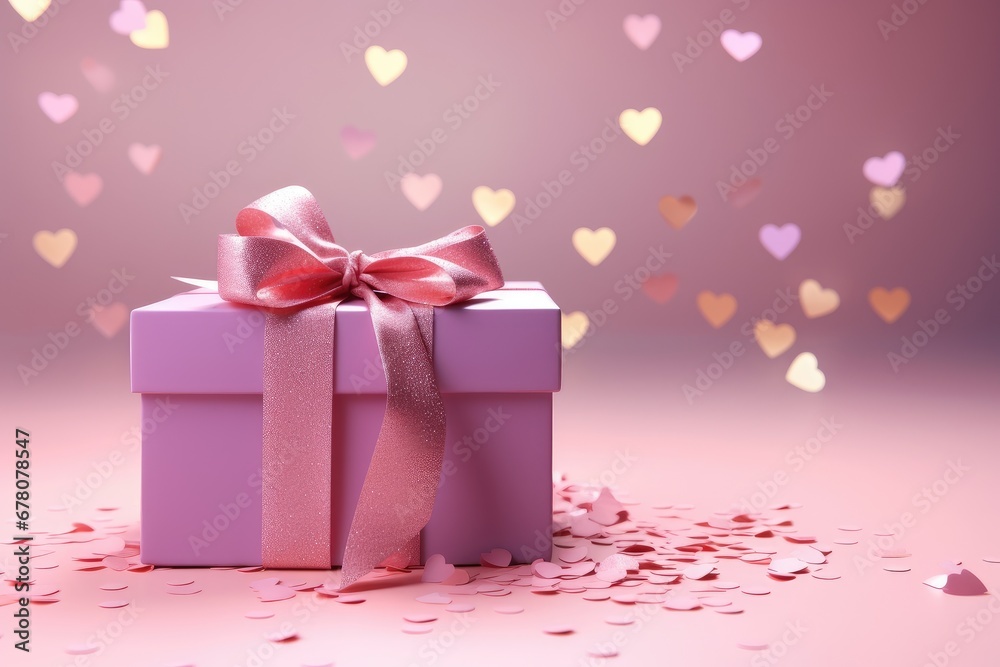 Pink present for Valentine´s Day with hearts falling. Generative AI