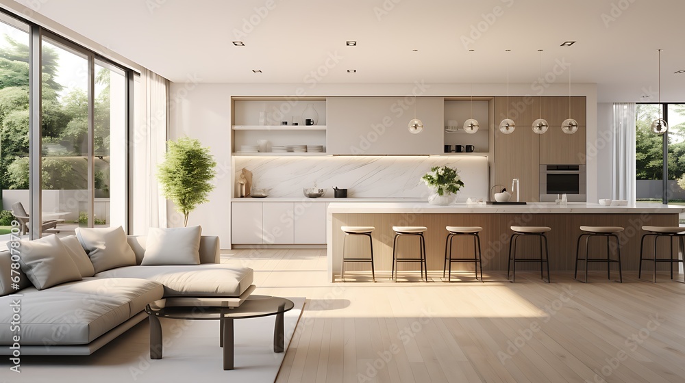 Fototapeta premium A modern minimalist home interior design with clean lines, sleek furniture, and neutral color palette, featuring an open-concept living space connected to a spacious kitchen, bathed in natural light 