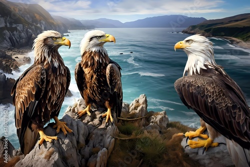 a pair of eagles on a cliff with a beautiful sea background. generative ai photo