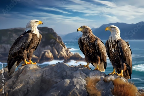 a pair of eagles on a cliff with a beautiful sea background. generative ai