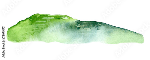 Hand drawn watercolor illustration of nature, field and mountains. Camping.