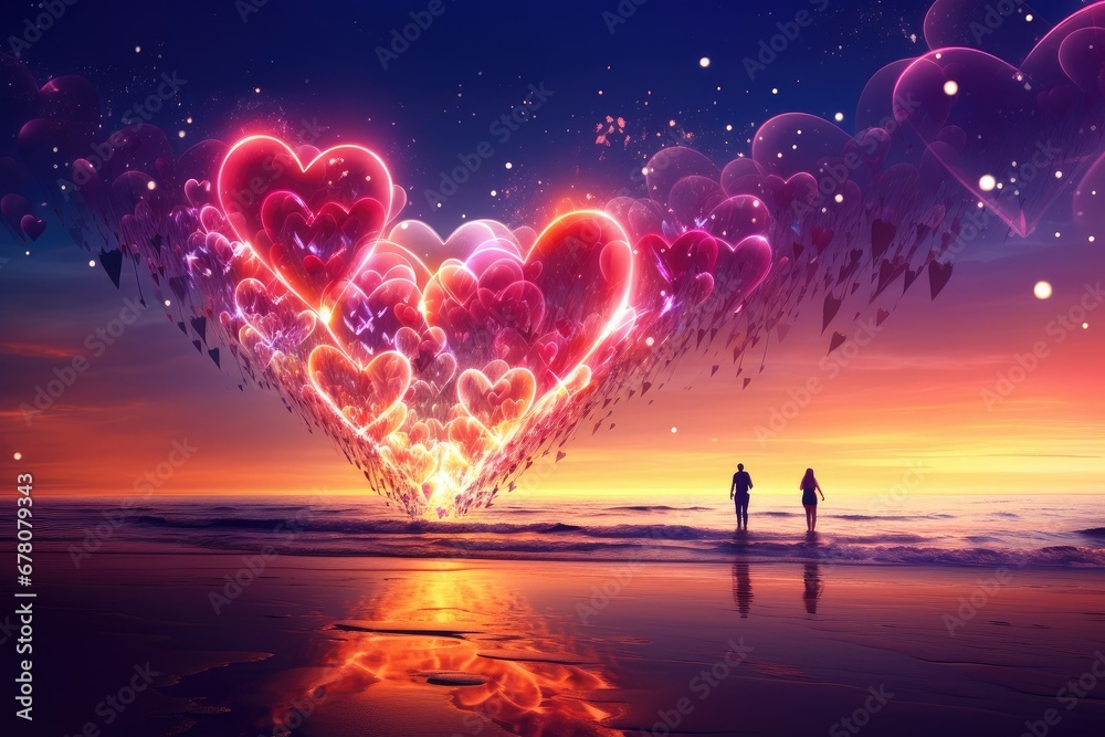 Obraz premium Pink clouds with heart shape on a purple sky. Generative AI