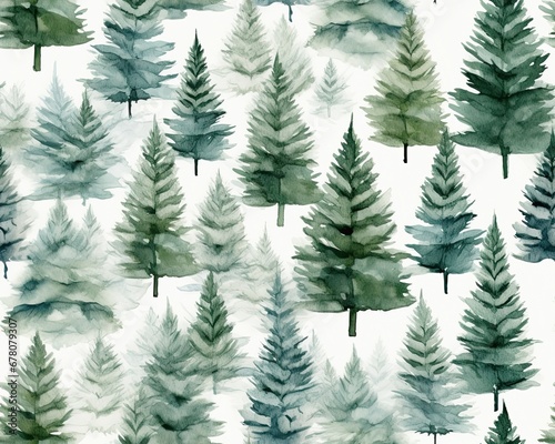 Watercolor Winter Trees Pattern. Elegant Seasonal Background for Holiday Decor and Christmas Cards. Generative AI © 7AM