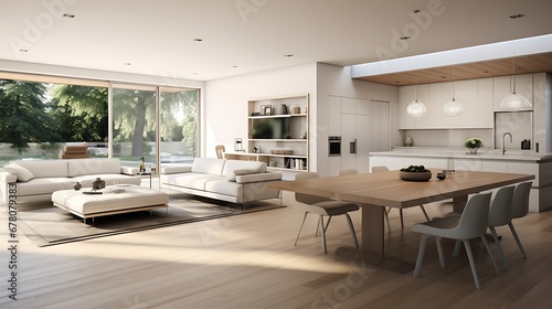 A modern minimalist home interior design with clean lines, sleek furniture, and neutral color palette, featuring an open-concept living space connected to a spacious kitchen, bathed in natural light 