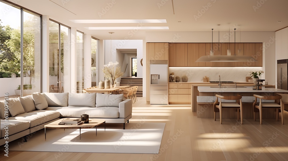 Fototapeta premium A modern minimalist home interior design with clean lines, sleek furniture, and neutral color palette, featuring an open-concept living space connected to a spacious kitchen, bathed in natural light 