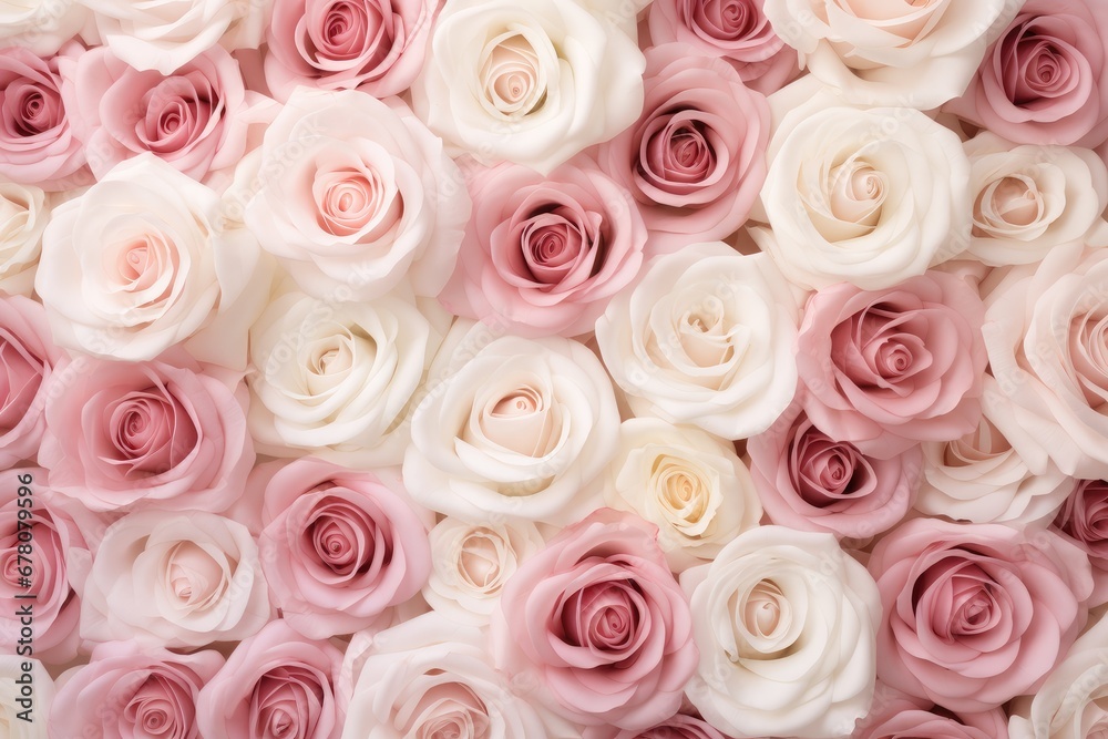 White and pink roses forming a beautiful backdrop. Generative AI White and pink roses forming a beautiful backdrop. Generative AI
