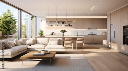 A modern minimalist home interior design with clean lines  sleek furniture  and neutral color palette  featuring an open-concept living space connected to a spacious kitchen  bathed in natural light 