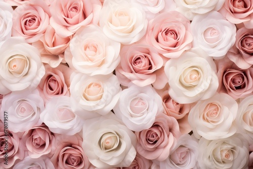 White and pink roses  forming a beautiful backdrop. Generative AI