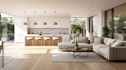 A modern minimalist home interior design with clean lines  sleek furniture  and neutral color palette  featuring an open-concept living space connected to a spacious kitchen  bathed in natural light 