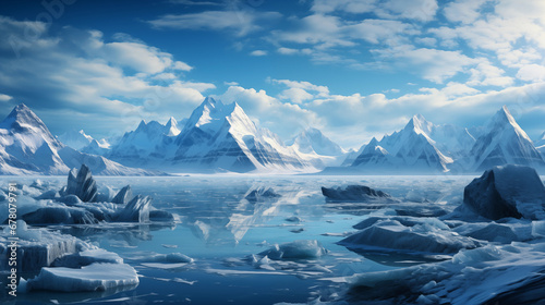 Majestic Glacier Landscape: A breathtaking view of a vast glacier landscape, with towering icy peaks and serene blue hues