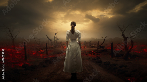 The back of a nurse standing in the middle of a war