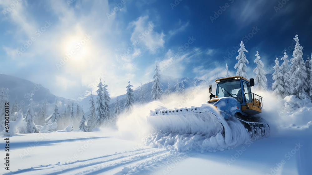 Snowplow on a winter road room for text created with Generative AI technology - obrazy, fototapety, plakaty 