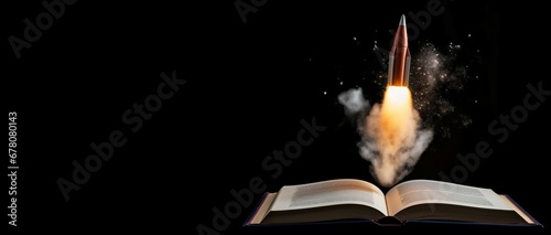 Rocket coming out of open book banner. Render fantasy creative idea freedom. Generate Ai