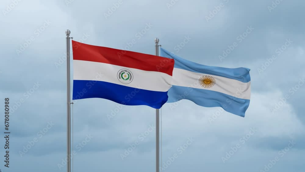 Argentina flag and Paraguay flag waving together on cloudy sky, endless seamless loop, two country relations concept Argentina flag and Paraguay flag waving together on cloudy sky, endless seamless loop, two country relations concept