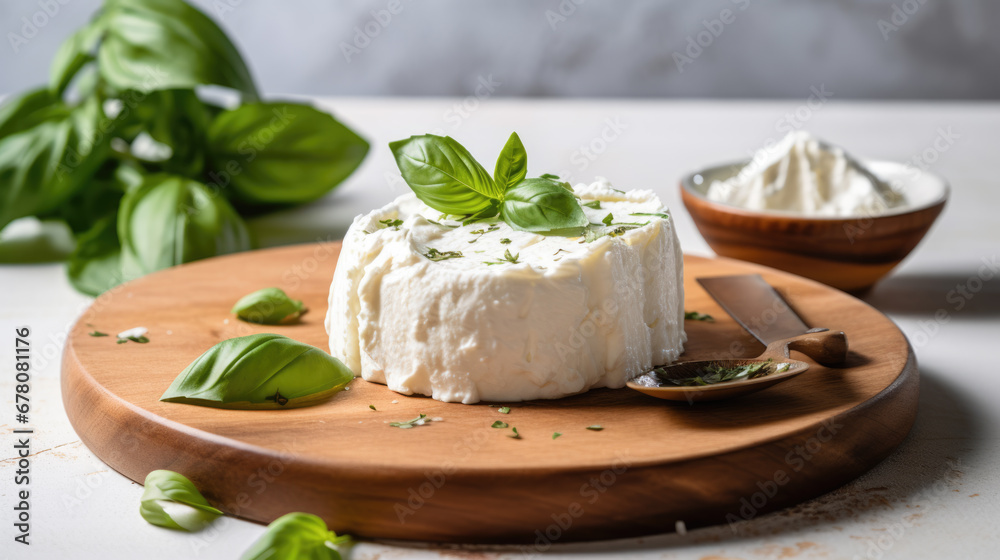 A round piece of fresh white cheese on a wooden board, accompanied by green basil leaves. A round piece of fresh white cheese on a wooden board, accompanied by green basil leaves.