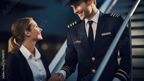 Male pilot and a female flight attendant are smiling and having a conversation on the tarmac, with a commercial airplane in the background. photo
