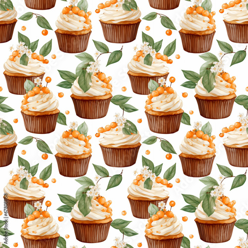 Seamless pattern of illustrated cupcakes with cream and sea buckthorn berries and green leaves on a white background. Patterns for napkins, tablecloths, textiles, banners, beaker posters.