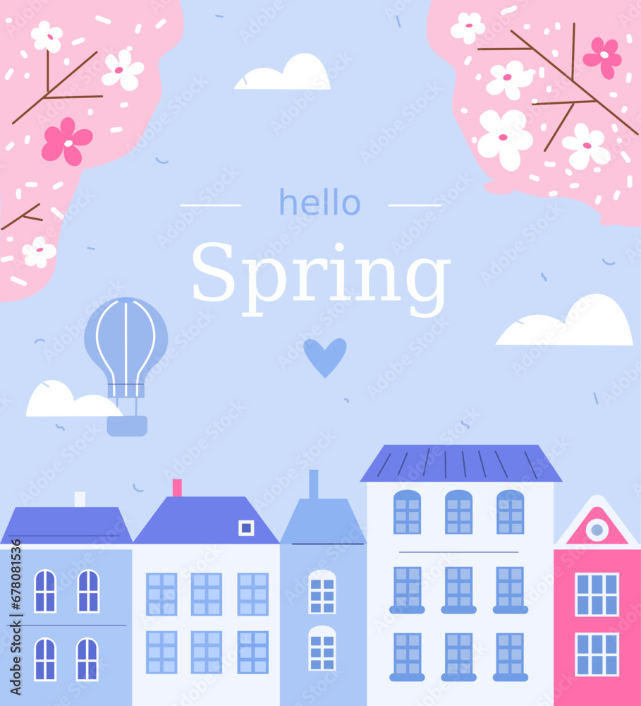 Spring in old town. Beautiful landscape background with cherry blossom tree. Seasonal banner concept. Vector illustration.
