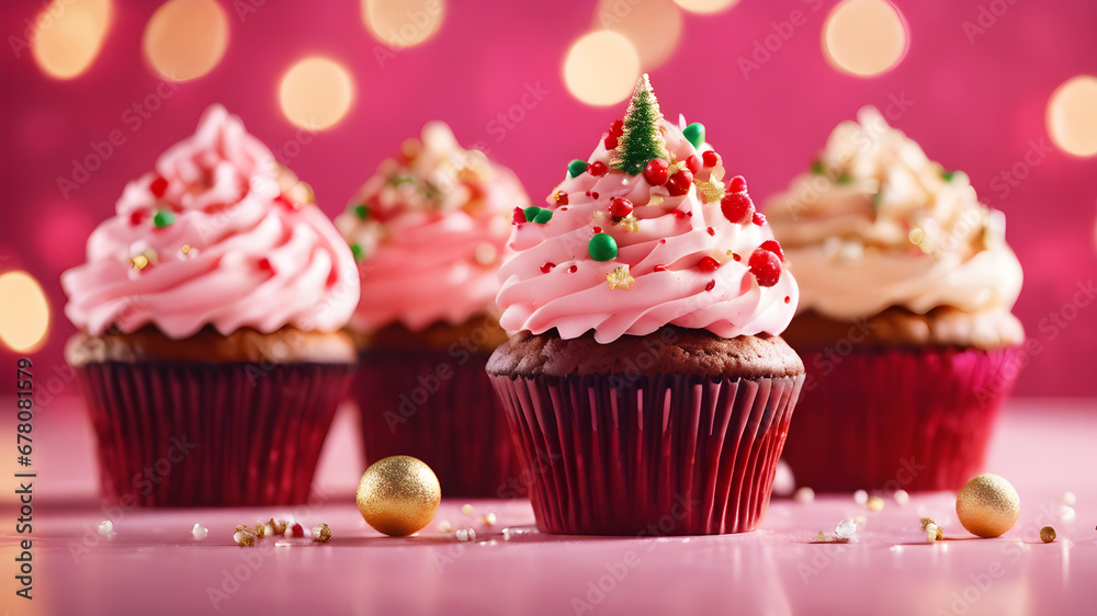 Delicious cupcake on christmas background. Generative Ai
