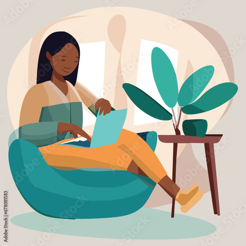 character of a girl spending time at home using laptop