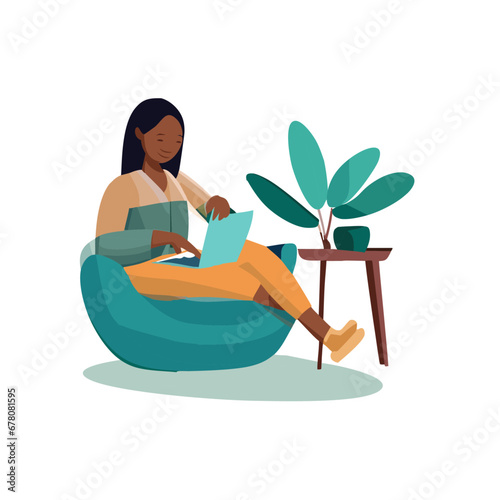 character of a girl spending time at home using laptop.