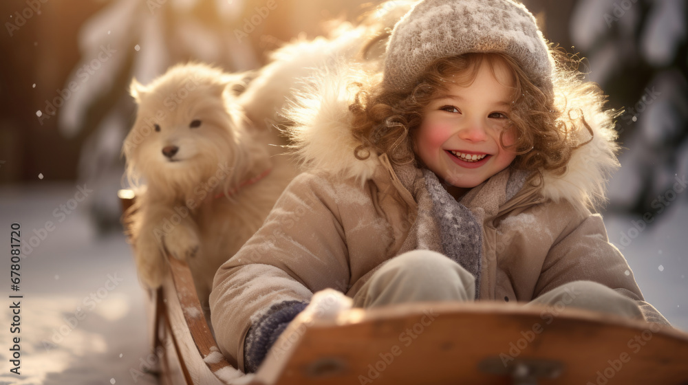 A joyful child with a beaming smile, wearing winter clothing and holding onto a wooden sled, surrounded by sparkling snowflakes in the glowing light of the winter sun. A joyful child with a beaming smile, wearing winter clothing and holding onto a wooden sled, surrounded by sparkling snowflakes in the glowing light of the winter sun.