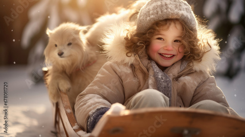 A joyful child with a beaming smile, wearing winter clothing and holding onto a wooden sled, surrounded by sparkling snowflakes in the glowing light of the winter sun. © MP Studio