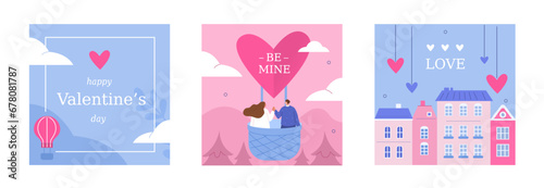 Valentine's Day illustrations set. Collections of beautiful romantic postcards for 14 February with couple of lovers inside hot air balloon. Seasonal holiday banner concept. Vector illustration.