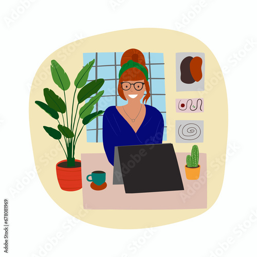 Graphic designer at work. Successful designer creating banner for advertisement at tablet. Creative women at workplace. Flat illustration isolated on white