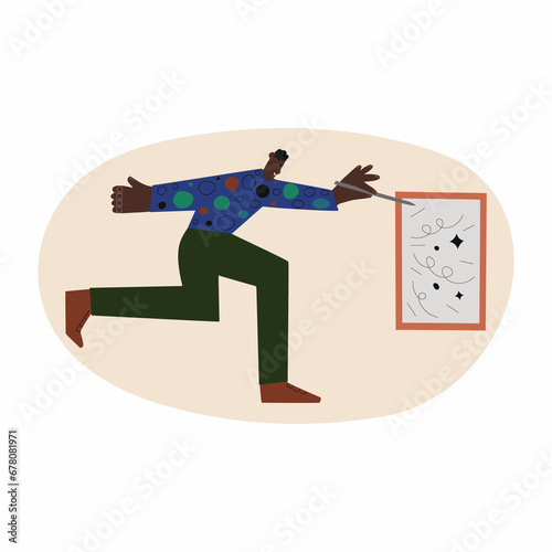 Graphic designer at work. Successful designer creating illustration at tablet. Creative man at workplace. Flat illustration isolated on white background