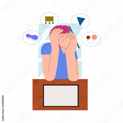 Graphic designer at work. Successful artist reflects on project design. Creative woman at workplace. Flat illustration isolated on white background