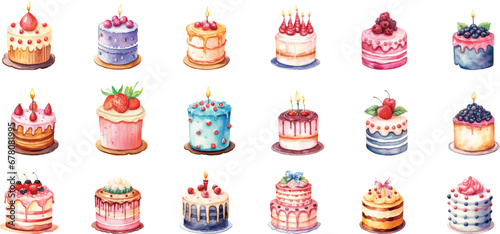 Set of watercolor birthday cakes on white background.